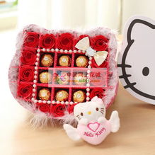 聞喜網上花店 商品內容 產品包含 14朵香皂花,9顆費列羅巧克力,一只天使kt貓公仔禮盒尺寸 長22 27cm